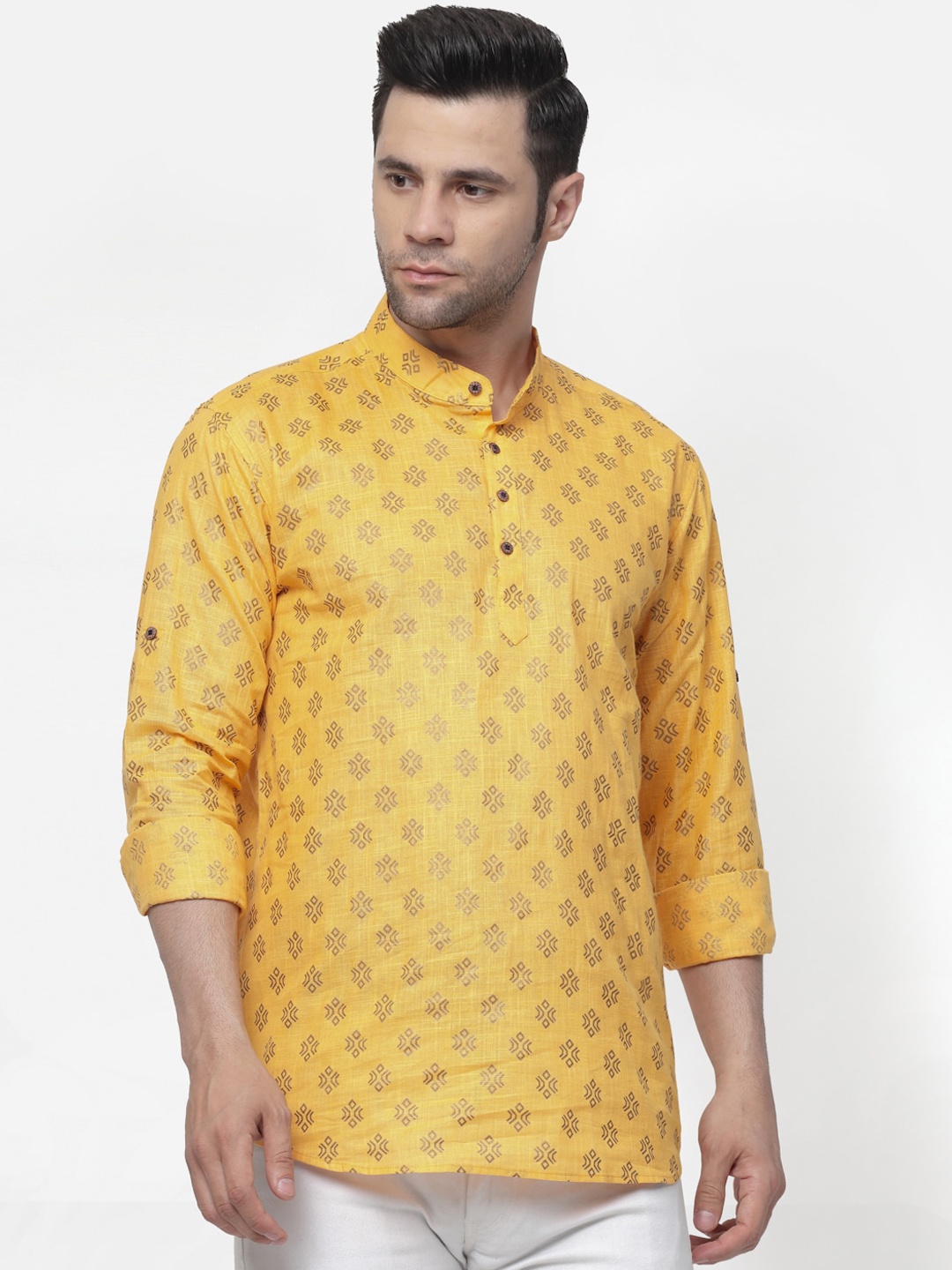 

allan peter Ethnic Motifs Printed Band Collar Cotton Kurta, Yellow