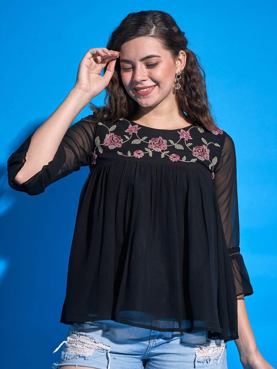 

DressBerry Black & Purple Floral Printed Bell Sleeve A-Line Casual Top