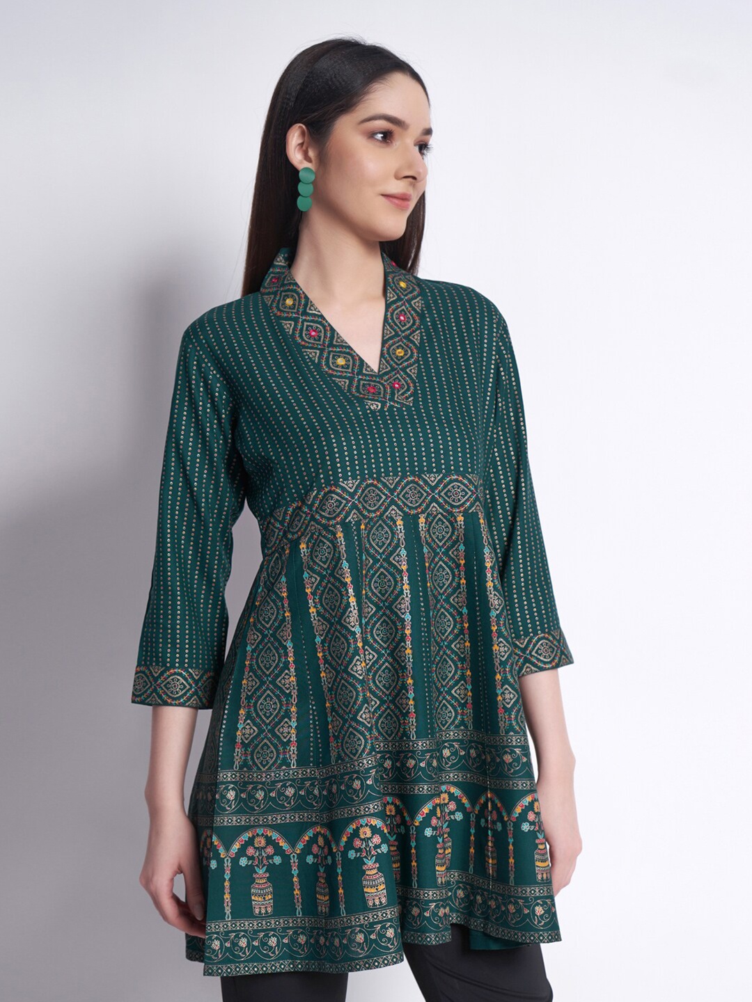 

DressBerry Teal & Red Ethnic Motifs Printed A-Line Top