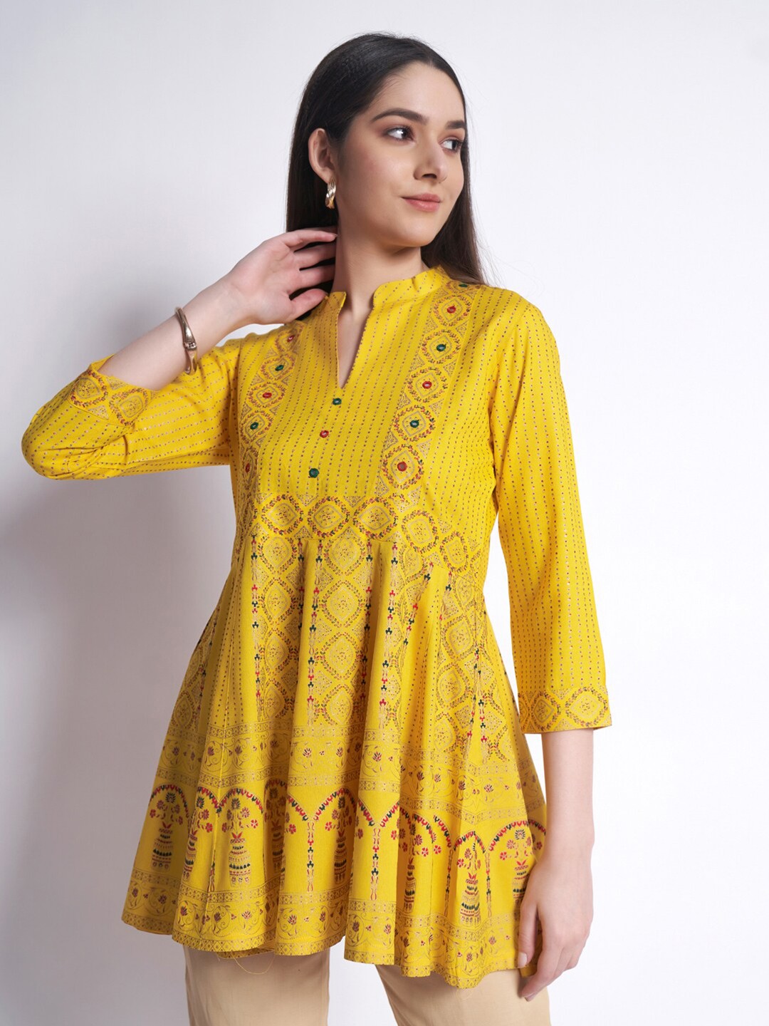 

DressBerry Yellow & Red Ethnic Motifs Printed A-Line Top