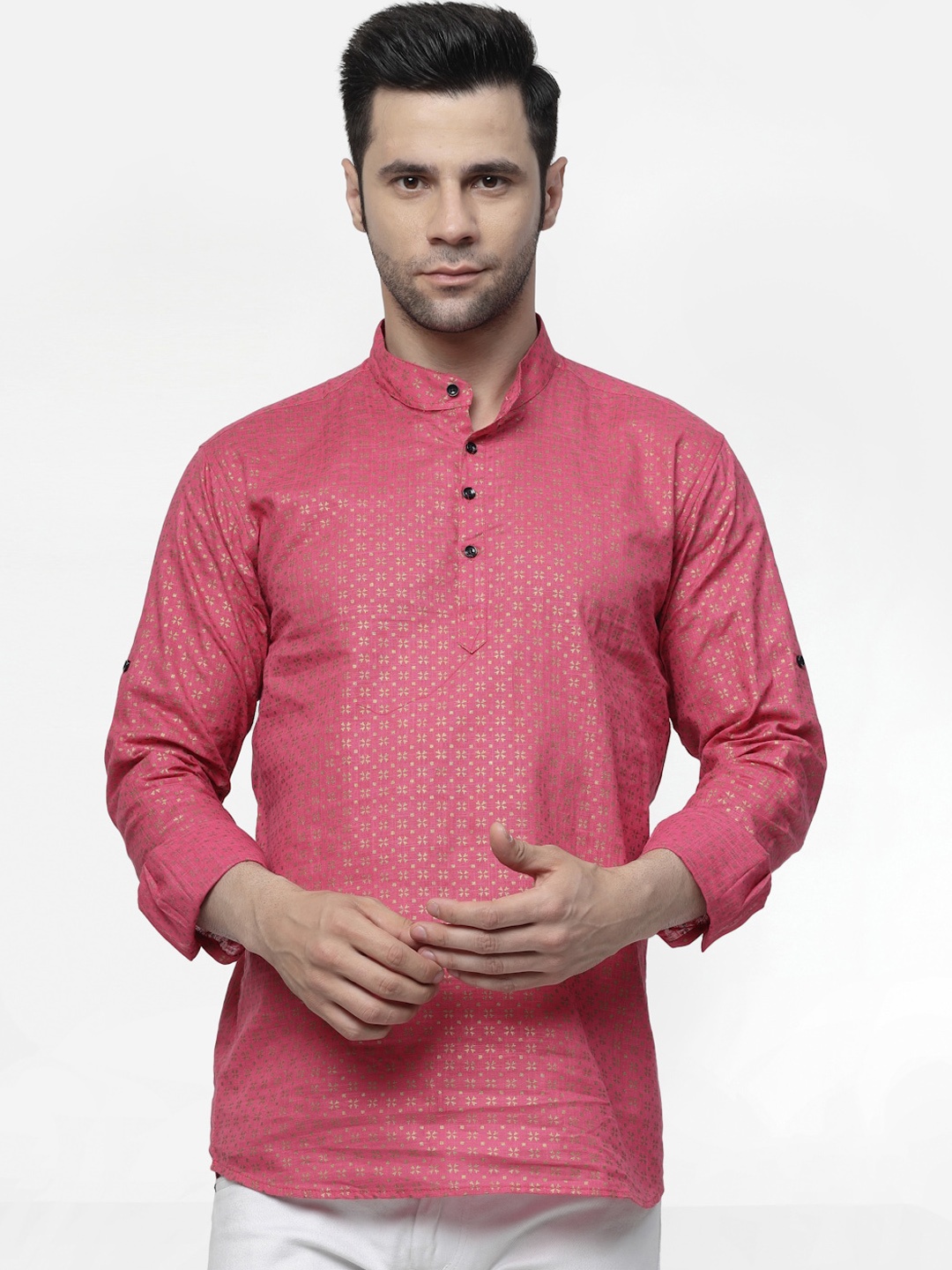 

ADWYN PETER Ethnic Motif Printed Band Collar Pure Cotton Short Kurta, Pink