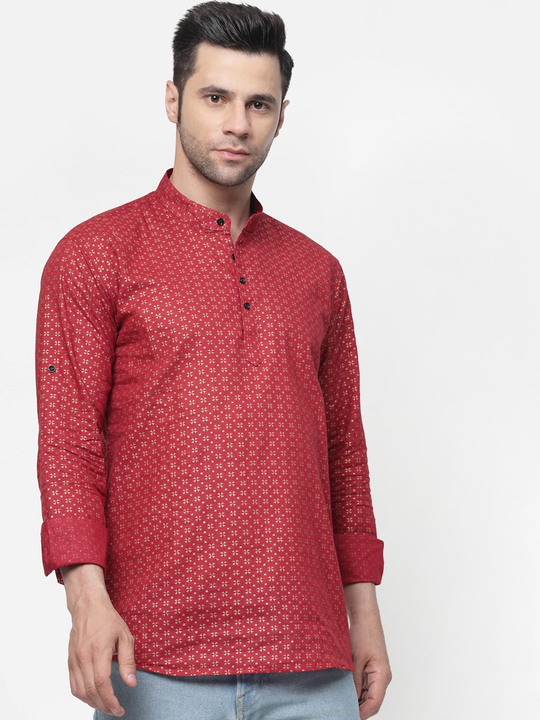 

ADWYN PETER Floral Printed Band Collar Pure Cotton Kurta, Red