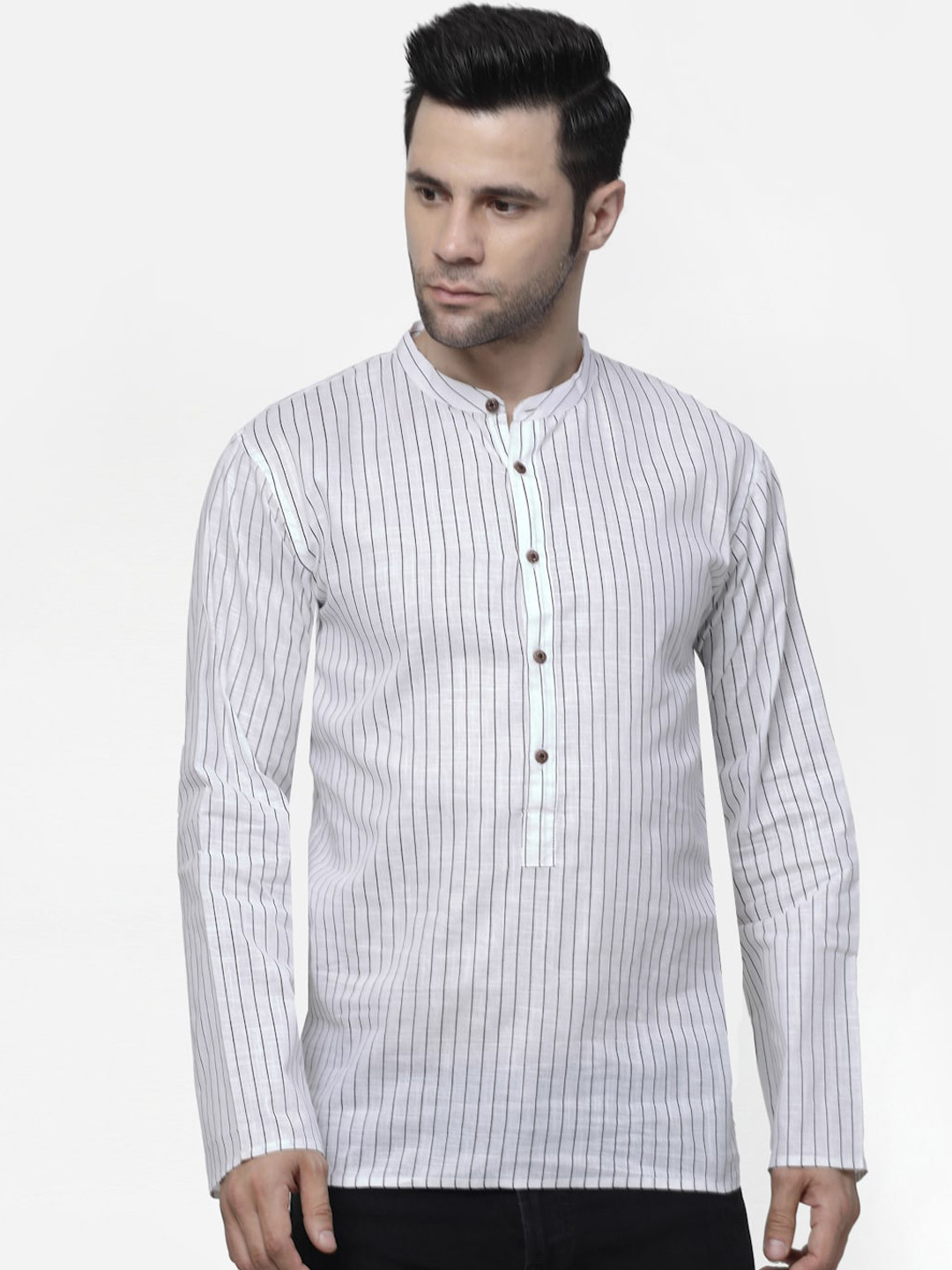 

ADWYN PETER Striped Band Collar Pure Cotton Kurta, White