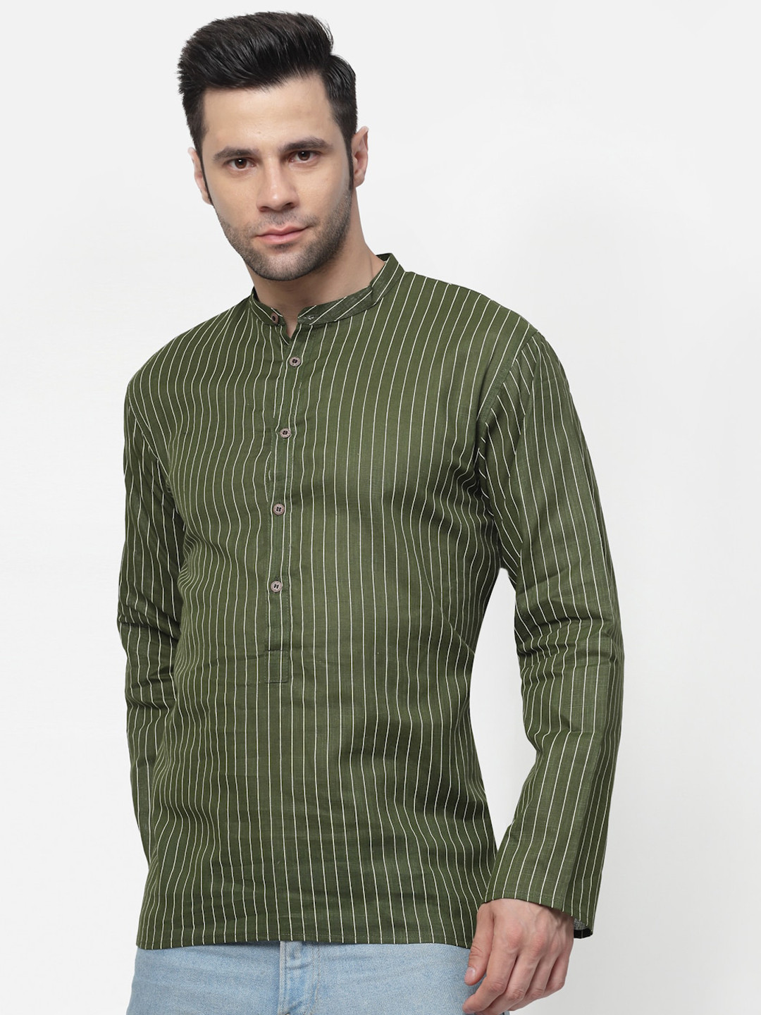 

ADWYN PETER Striped Band Collar Short Kurta, Green