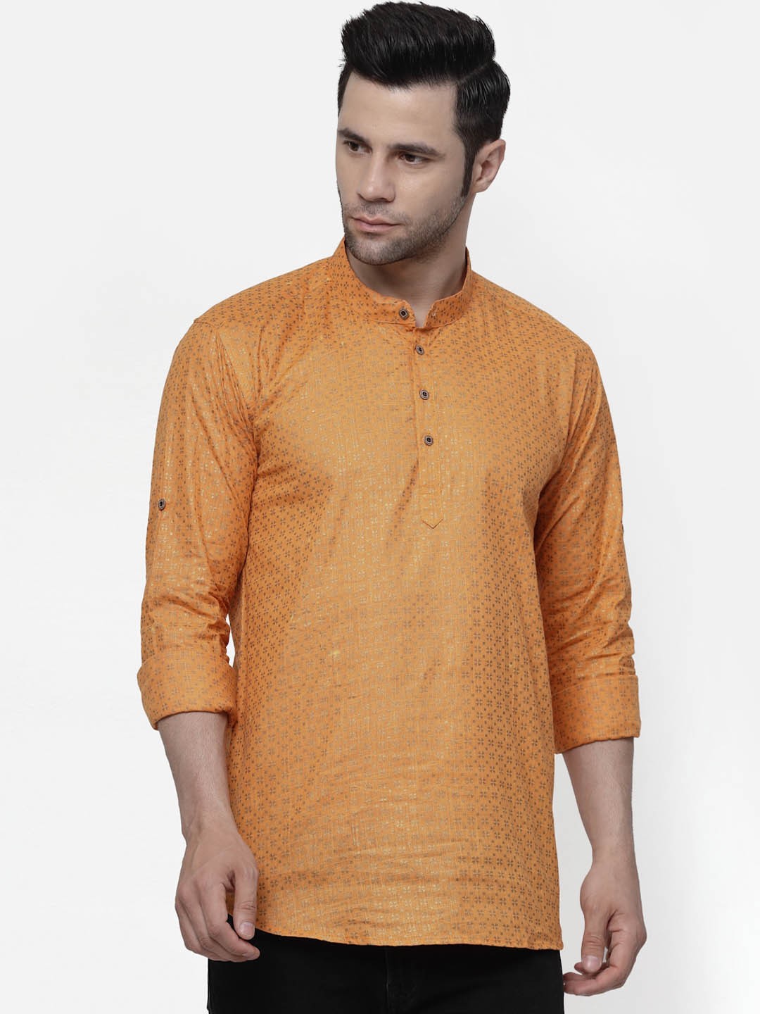 

ADWYN PETER Floral Printed Band Collar Pure Cotton Kurta, Orange