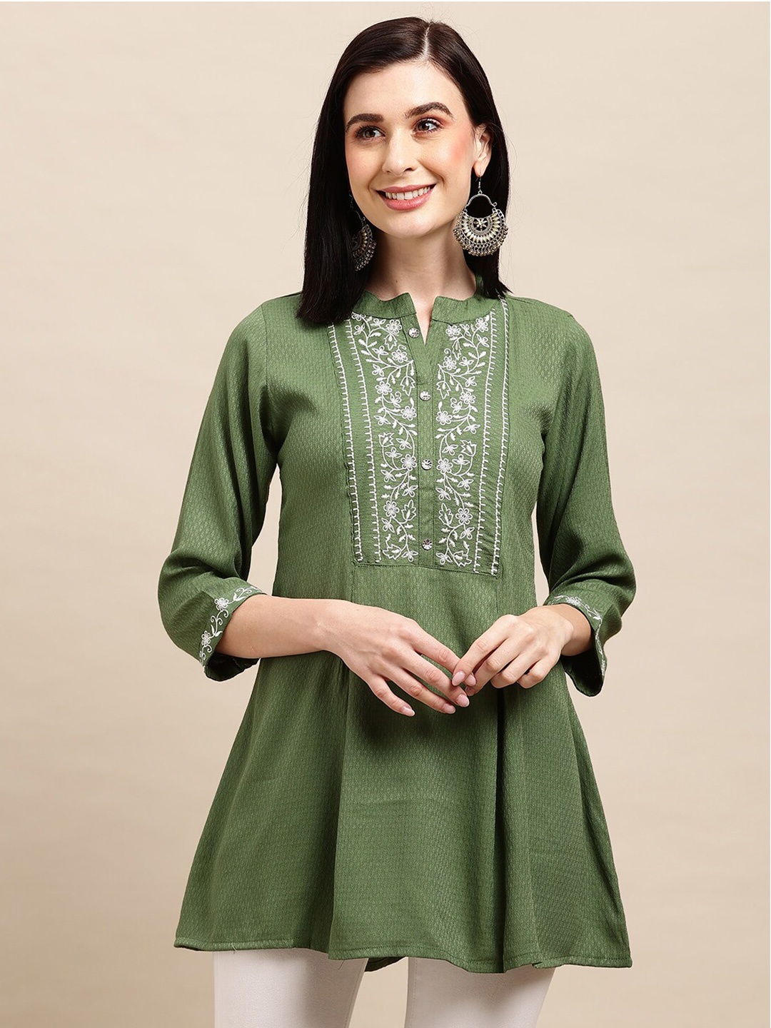 

Sangria Floral Embroidered Yoke Design Mandarin Collar A-Line Top, Olive