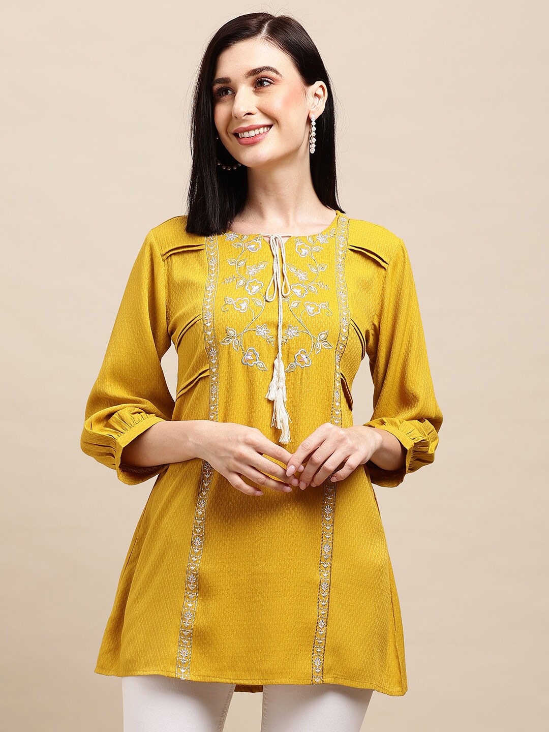 

Sangria Floral Embroidered Key Hole Neck Top, Mustard