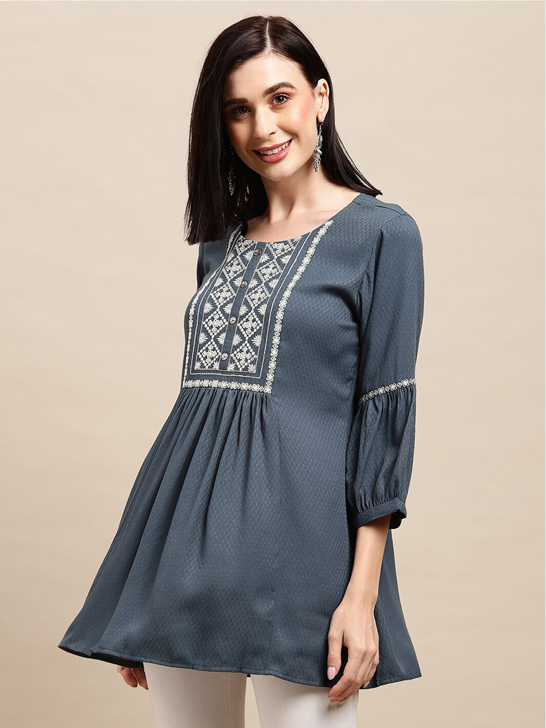 

Sangria Grey Ethnic Embroidered A-Line Top