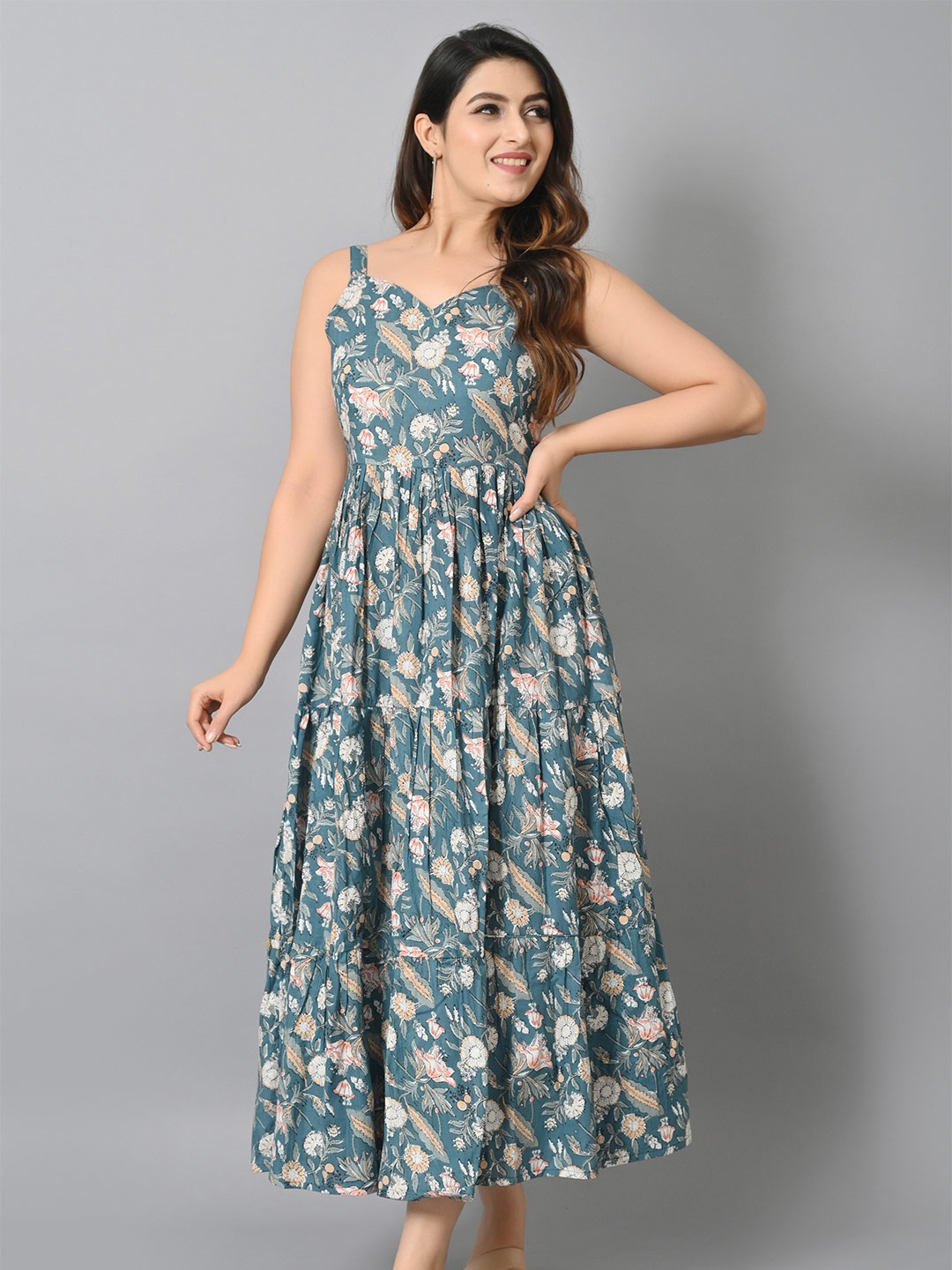 

VASTRAMANIAA Floral Printed Tiered Cotton Maxi Dress, Grey