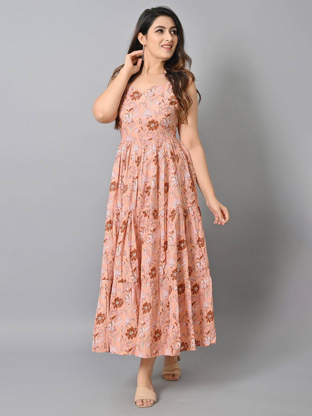 

VASTRAMANIAA Floral Printed Tiered Cotton Maxi Dress, Peach