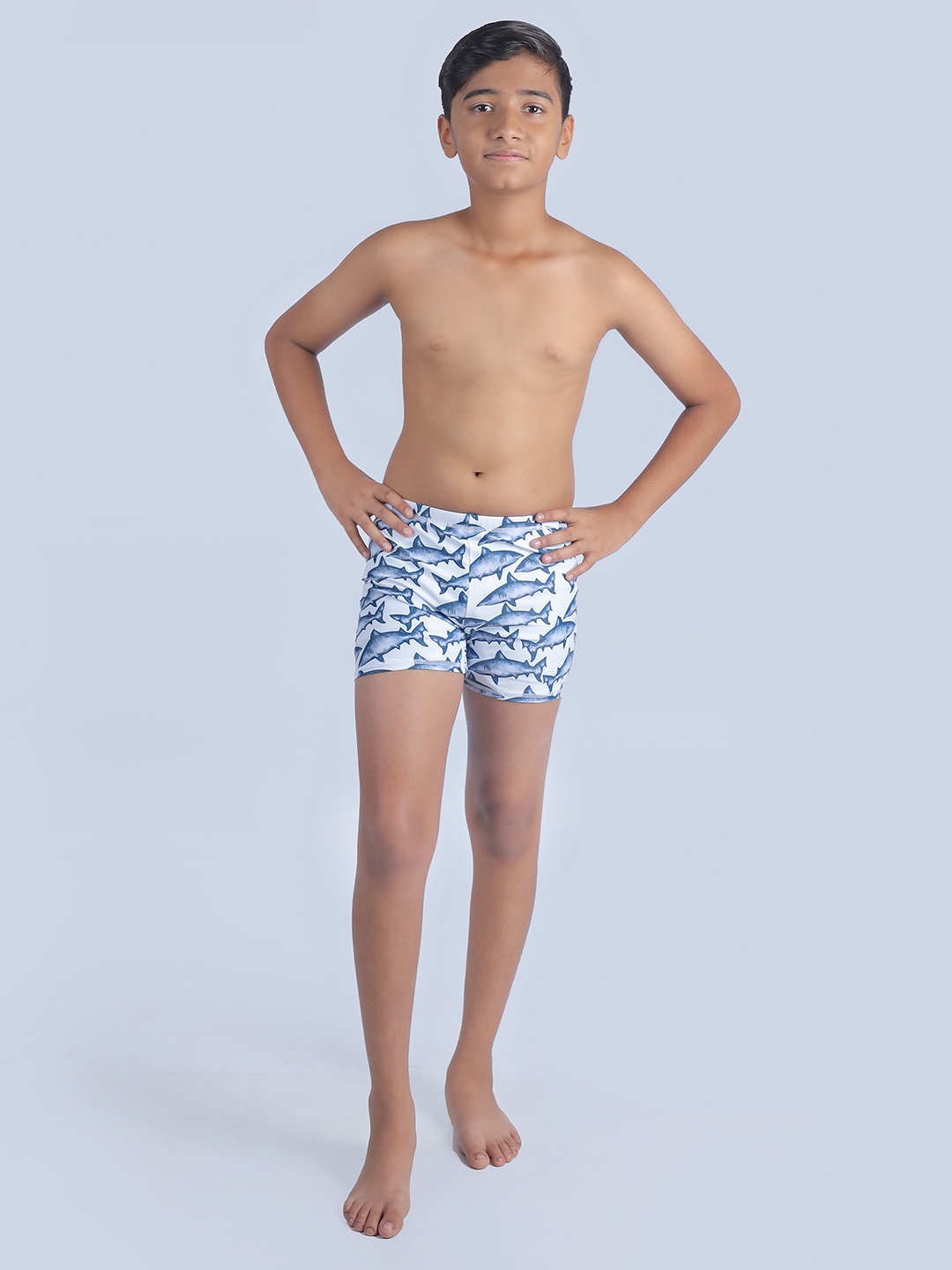 

Yellow Bee Boys Shark Printed Swim Bottoms, White