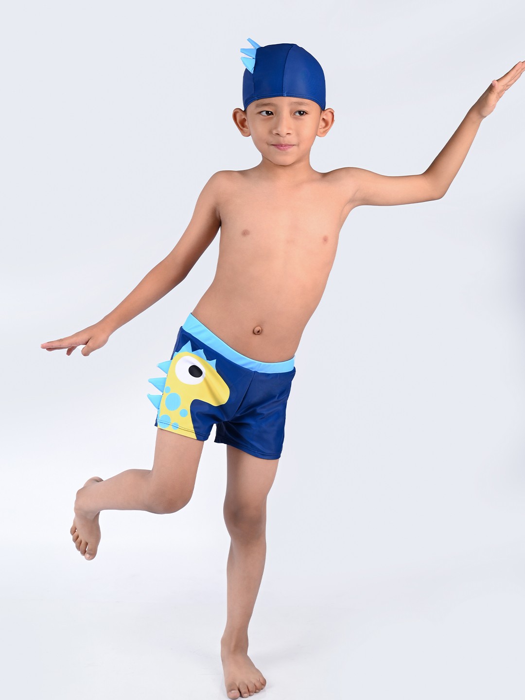 

Yellow Bee Boys Printed Swim Shorts With Swim Cap, Blue