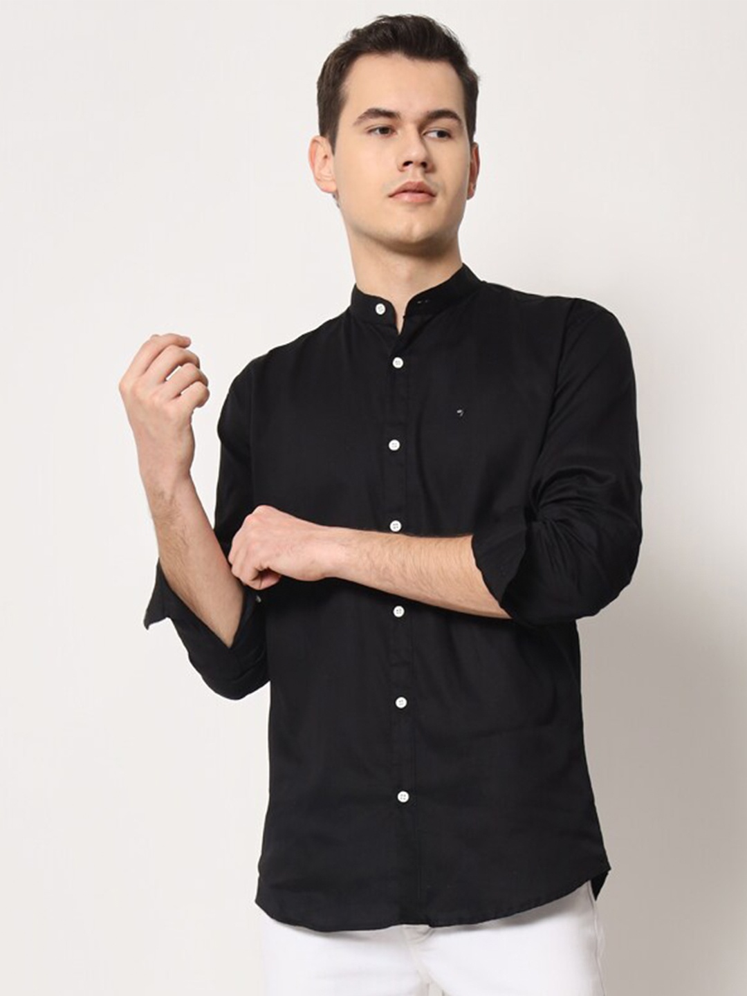 

SURHI Mandarin Collar Casual Shirt, Black
