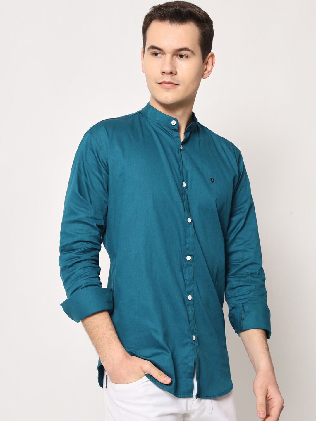 

SURHI Mandarin Collar Smart Fit Twill Cotton Casual Shirt, Teal