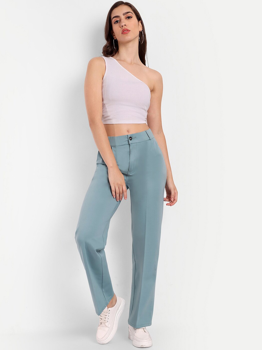 

The Roadster Lifestyle .Co Women Smart Straight Fit High-Rise Stretchable Trousers, Blue