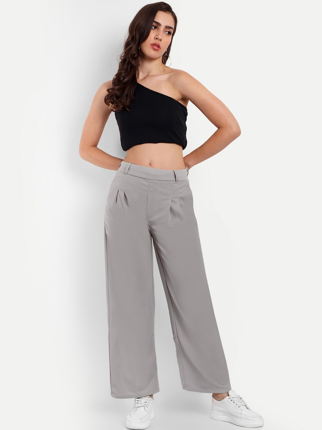 

BROADSTAR Women Smart Loose Fit High-Rise Easy Wash Stretchable Pleated Parallel Trousers, Grey