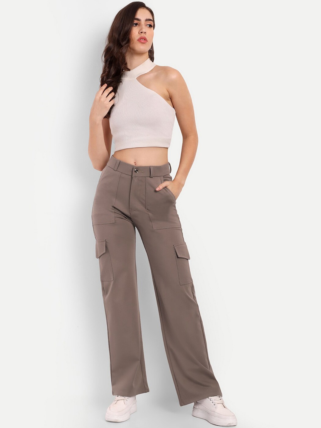 

BROADSTAR Women Relaxed Straight Fit High-Rise Easy Wash Cargo Trousers, Brown