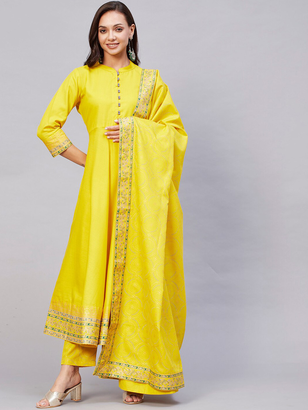 

KALINI Mandarin Collar Anarkali Kurta With Trousers & Dupatta, Yellow