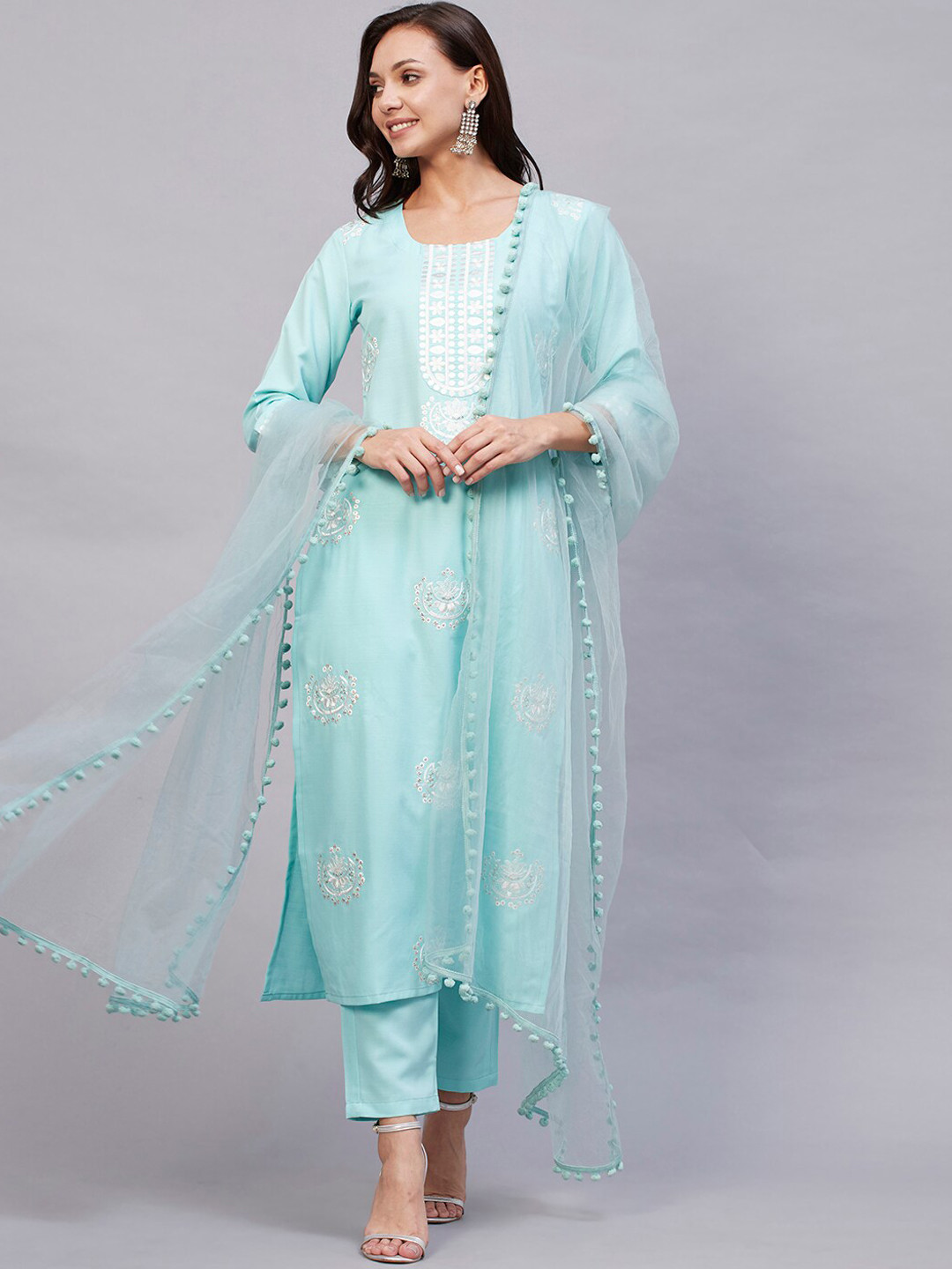 

KALINI Ethnic Motif Embroidered Sequinned Kurta With Trousers & Dupatta, Turquoise blue