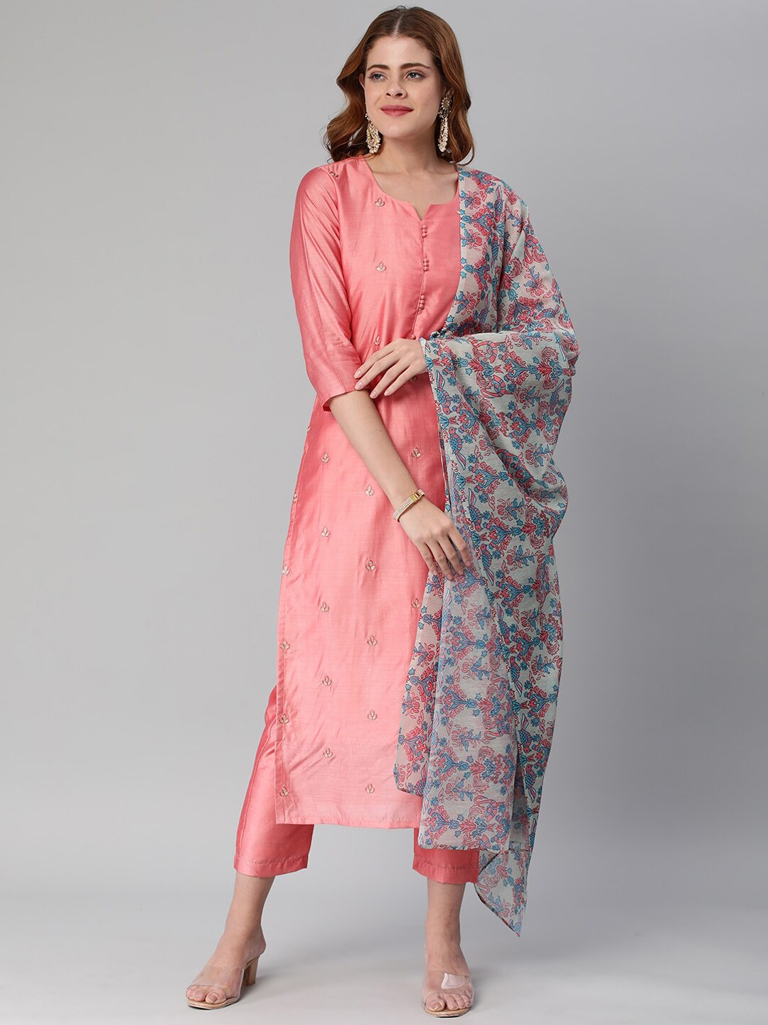 

KALINI Ethnic Motif Embroidered Notched Neck Kurta With Trousers & Dupatta, Peach