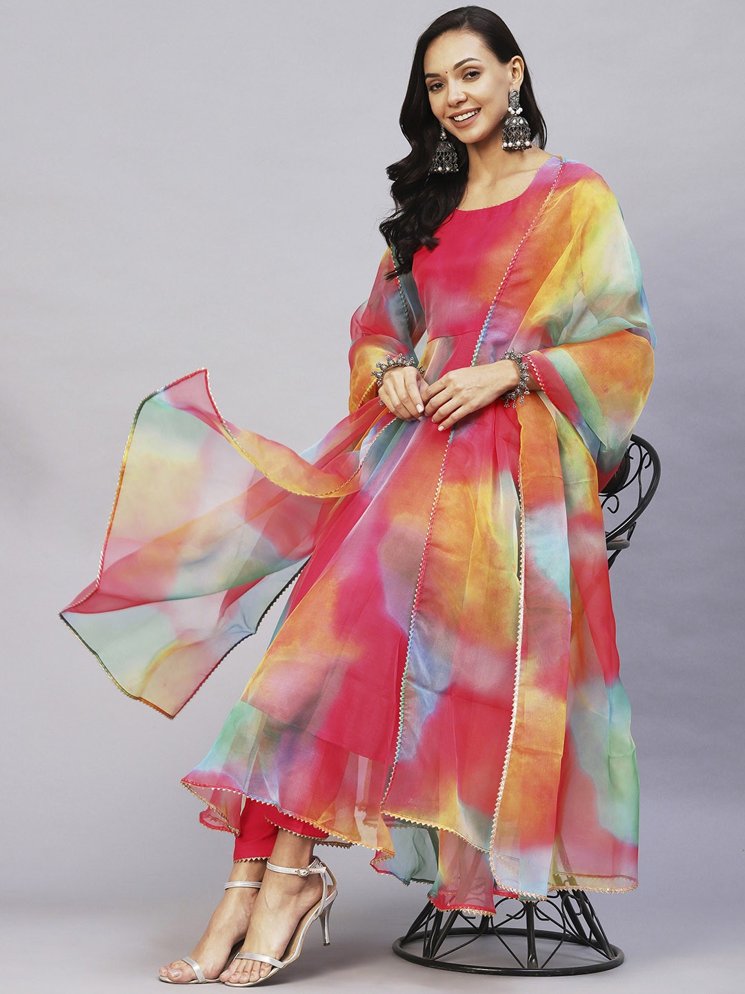 

KALINI Gotta Patti Anarkali Kurta With Trousers & Dupatta, Red