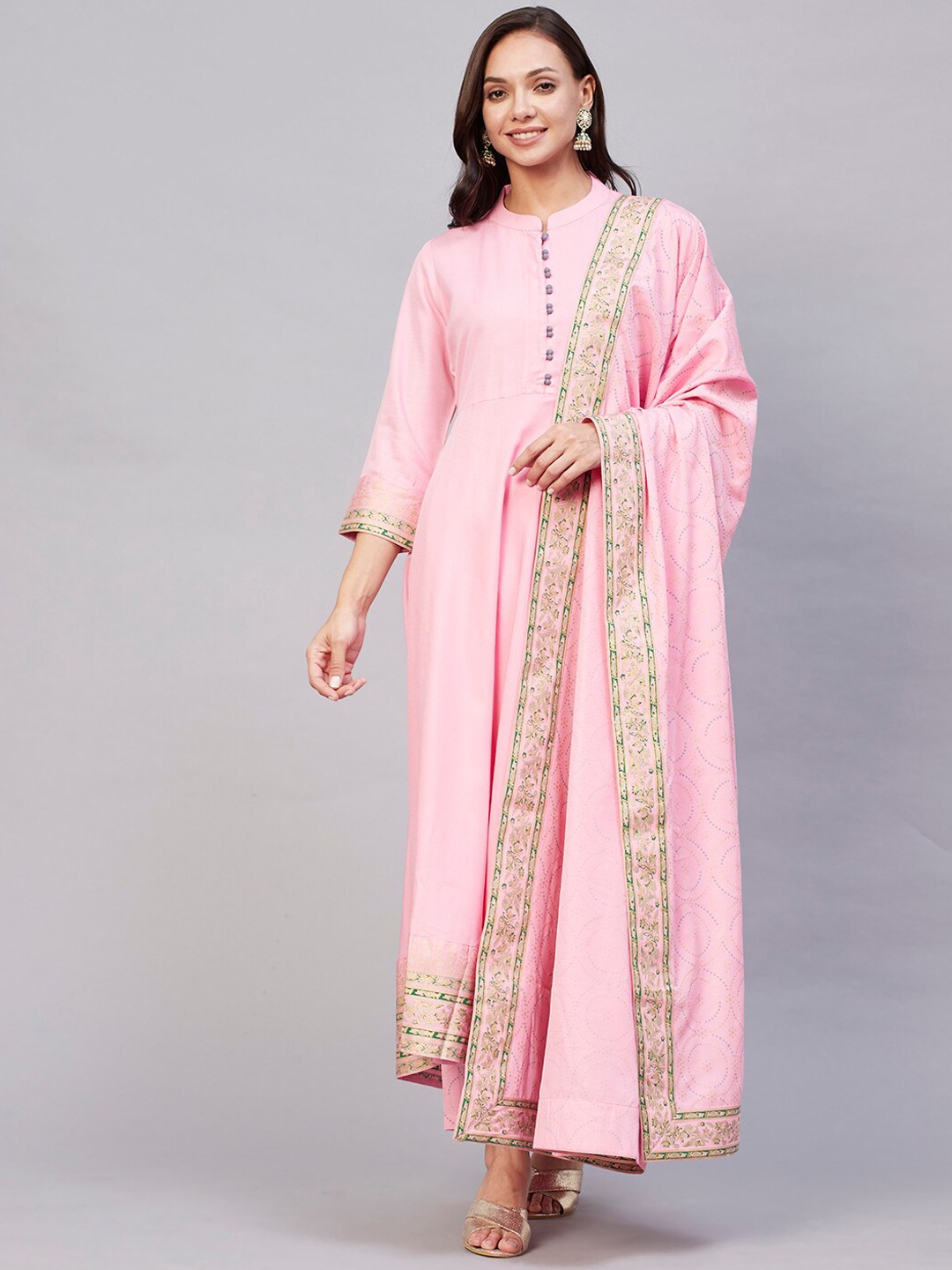 

KALINI Mandarin Collar Gotta Patti Anarkali Kurta With Trousers & Dupatta, Pink