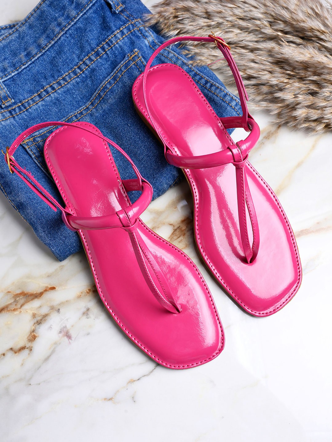 

Shoetopia Open Toe T-Strap Flats, Pink