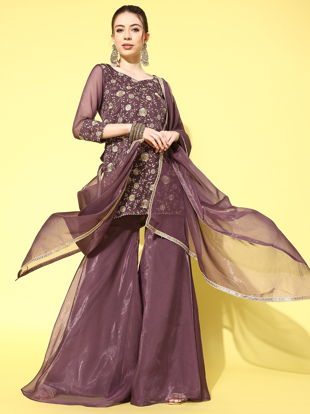 

Inddus Women Floral Embroidered Regular Kurta with Sharara & With Dupatta, Mauve