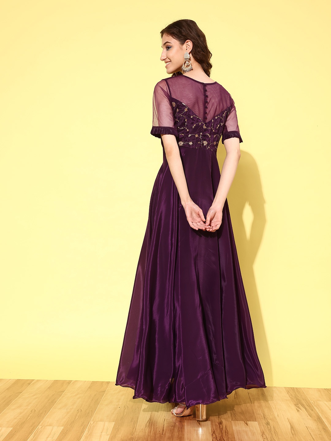 

Inddus Women Floral Embroidered Pleated Maxi Dress, Burgundy