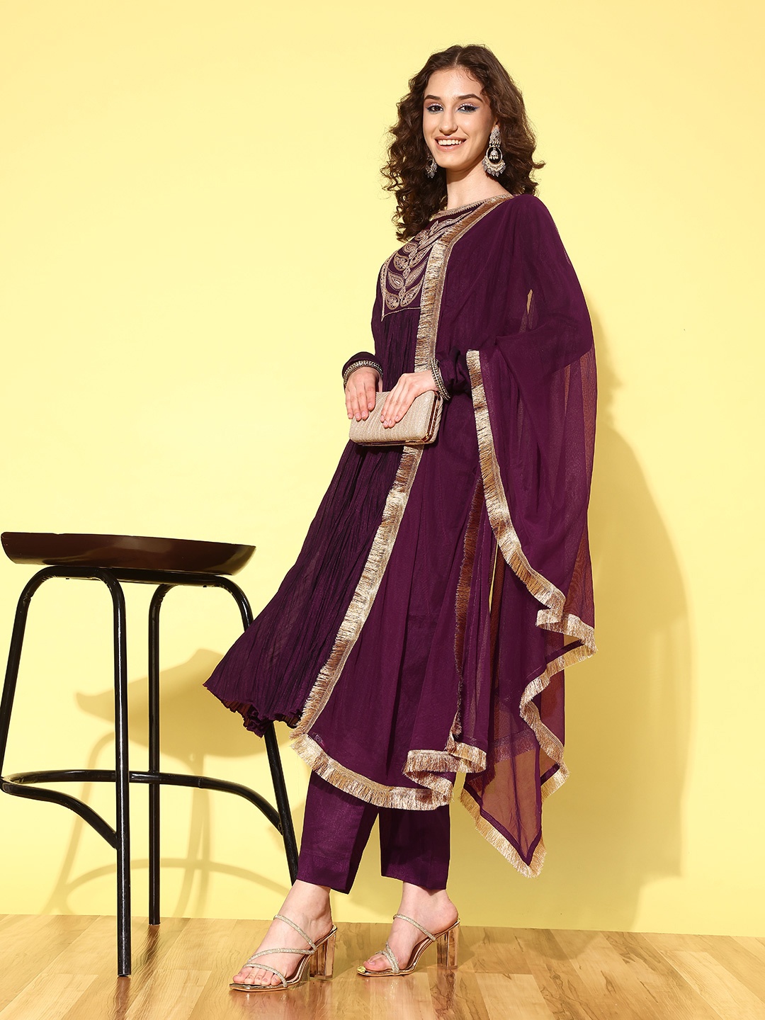 

Inddus Women Paisley Yoke Design Pleated Kurta with Trousers & With Dupatta, Purple