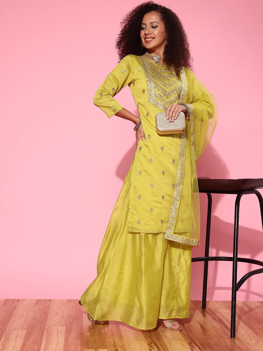 

Inddus Women Floral Embroidered Regular Chanderi Cotton Kurta with Palazzos & With Dupatta, Yellow