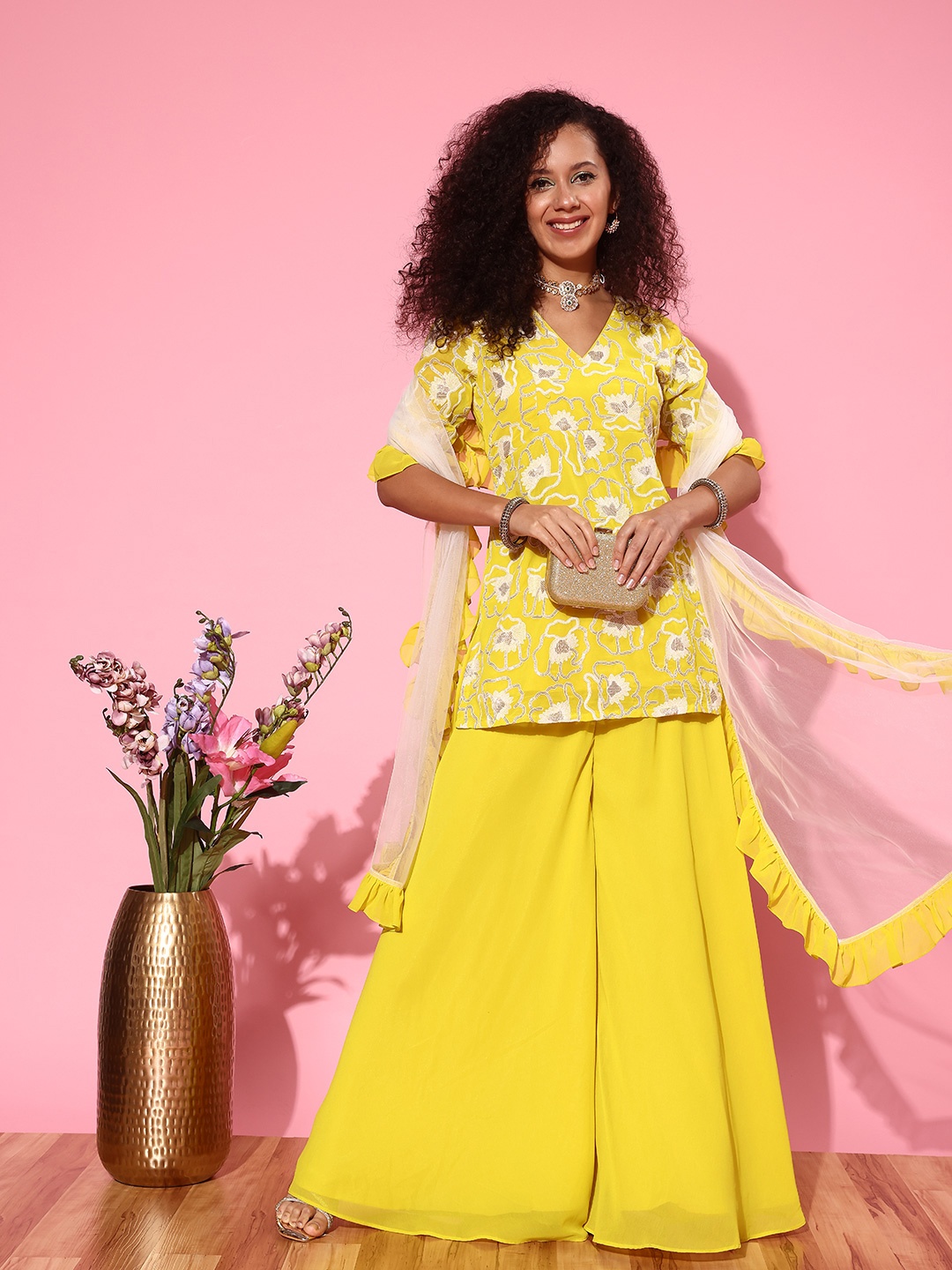 

Inddus Women Floral Embroidered Regular Kurta with Palazzos & With Dupatta, Yellow