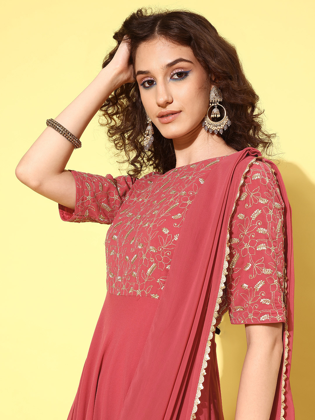 

Inddus Women Floral Embroidered Draped Maxi Dress, Pink