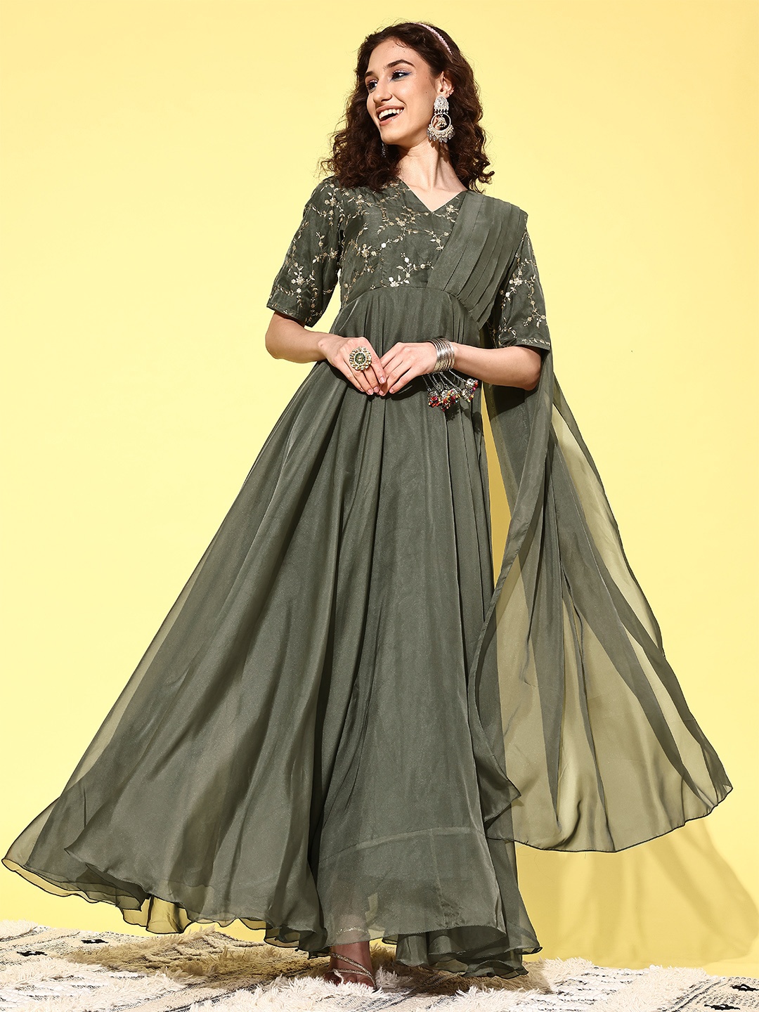 

Inddus Women Floral Embroidered Sequined Fit & Flare Ethnic Dress, Green