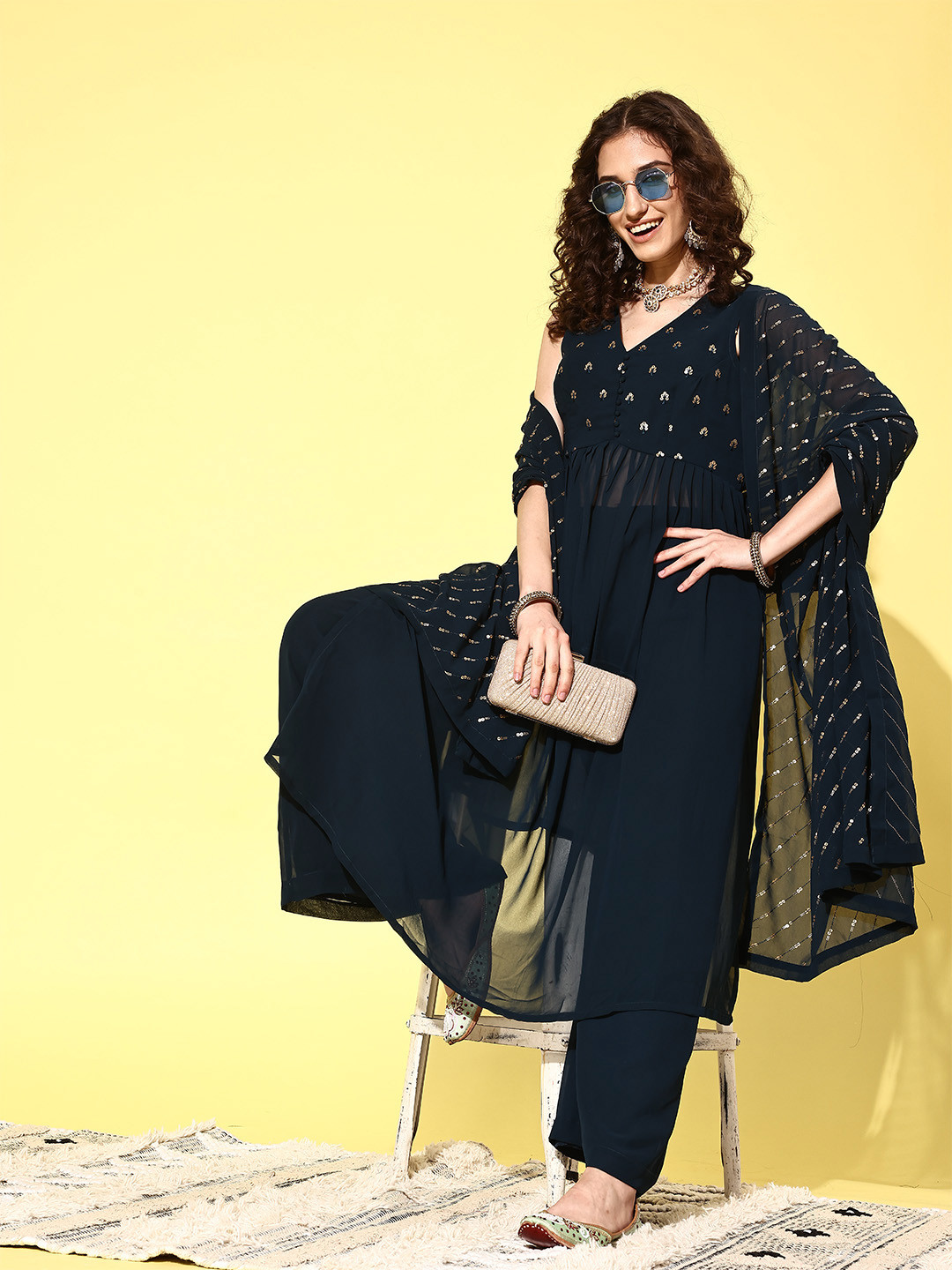 

Inddus Women Ethnic Motifs Embroidered Regular Sequinned Kurta with Palazzos & Dupatta, Navy blue
