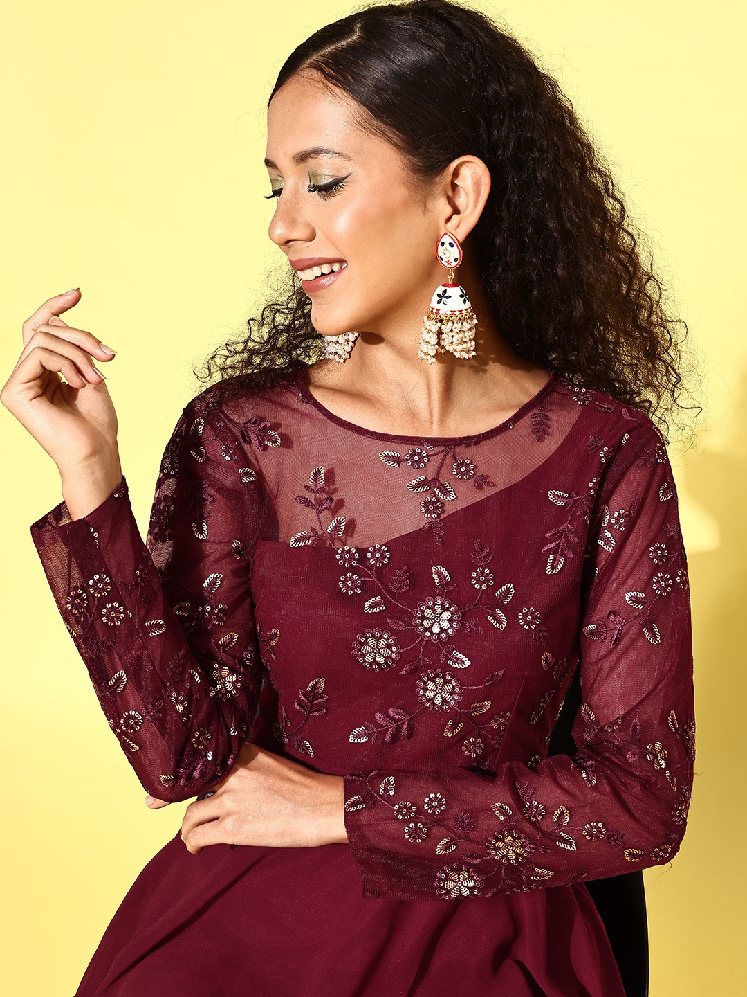 

Inddus Women Floral Embroidered Sequined Fit & Flare Ethnic Dress, Maroon