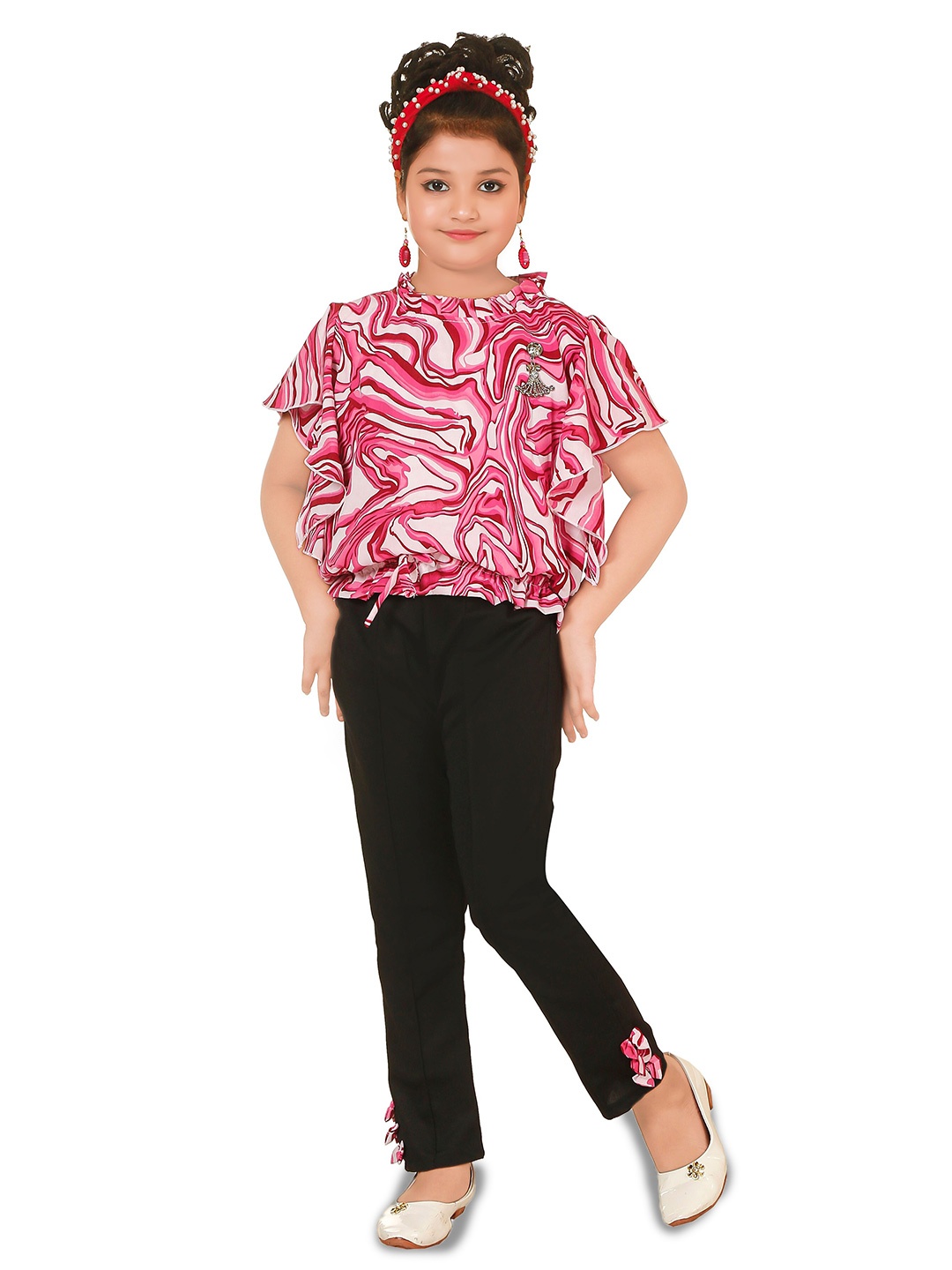 

CELEBRITY CLUB Girls Abstract Printed Top With Trousers, Pink