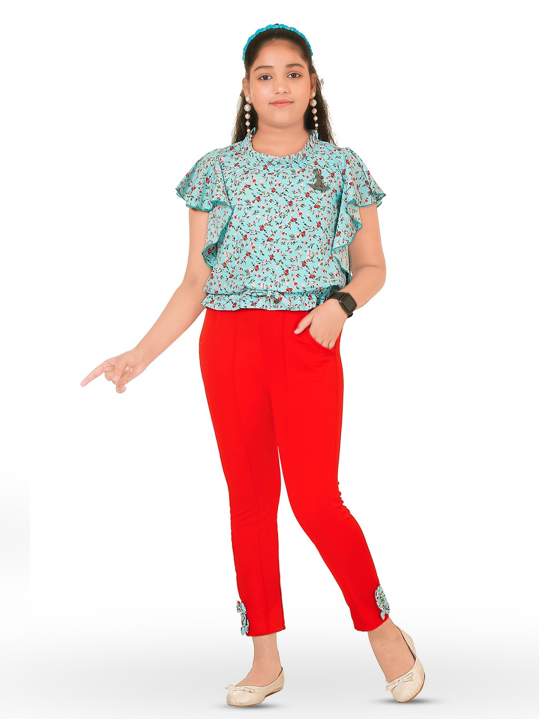 

CELEBRITY CLUB Girls Floral Printed Top With Trousers, Blue