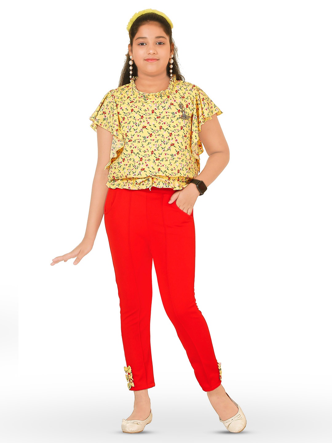 

CELEBRITY CLUB Girls Floral Printed Top With Trousers, Yellow