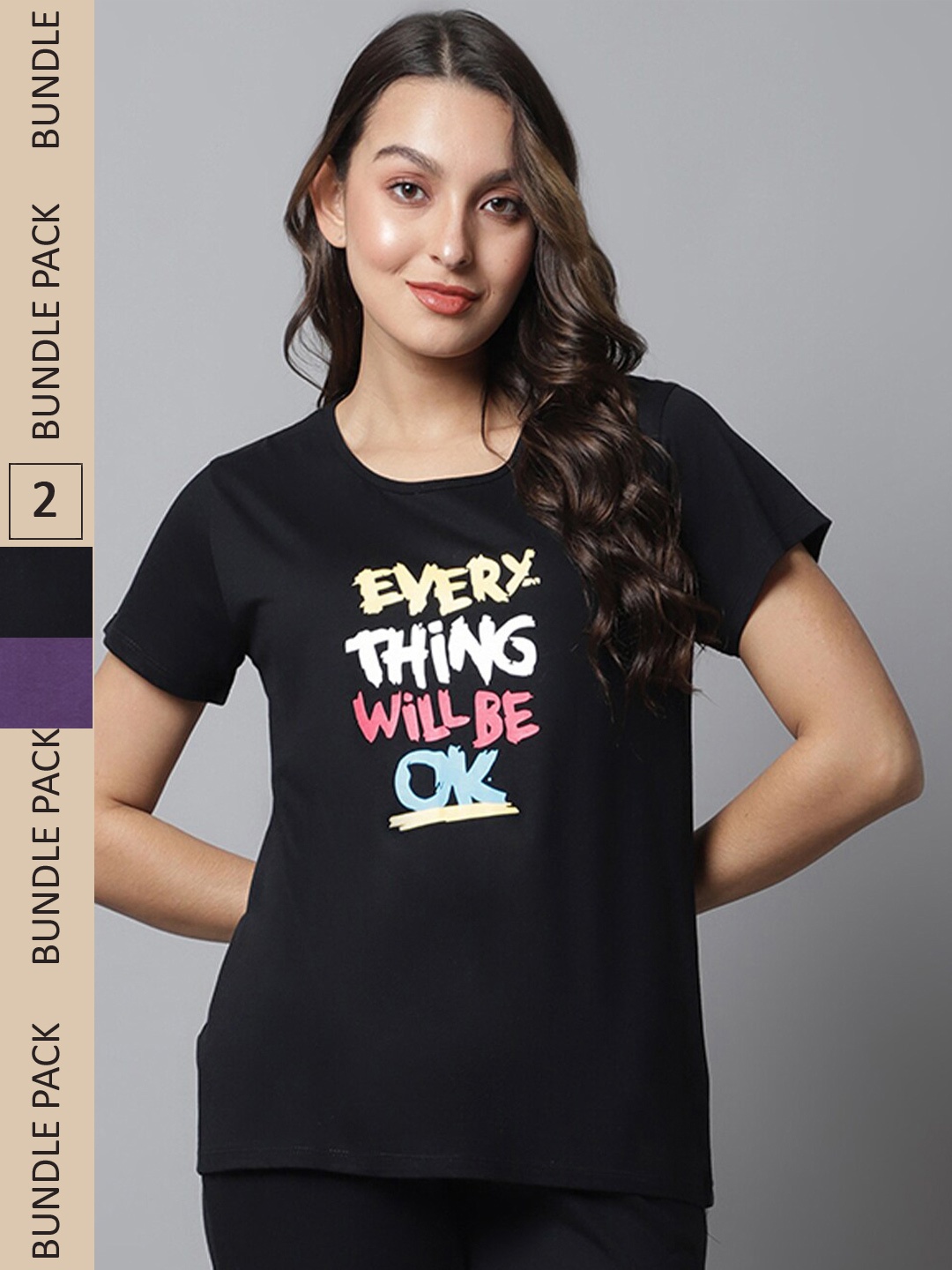 

Kanvin Purple & Black Pack Of 2 Typography Printed T-Shirts
