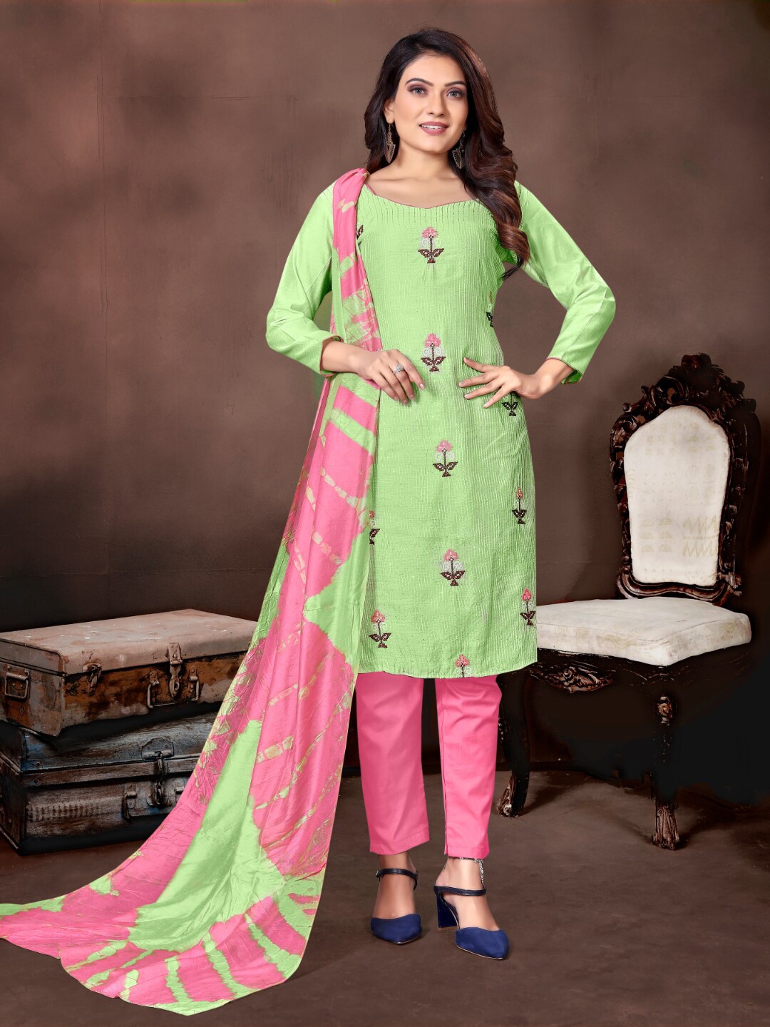 

Angroop Embellished Unstitched Dress Material, Green