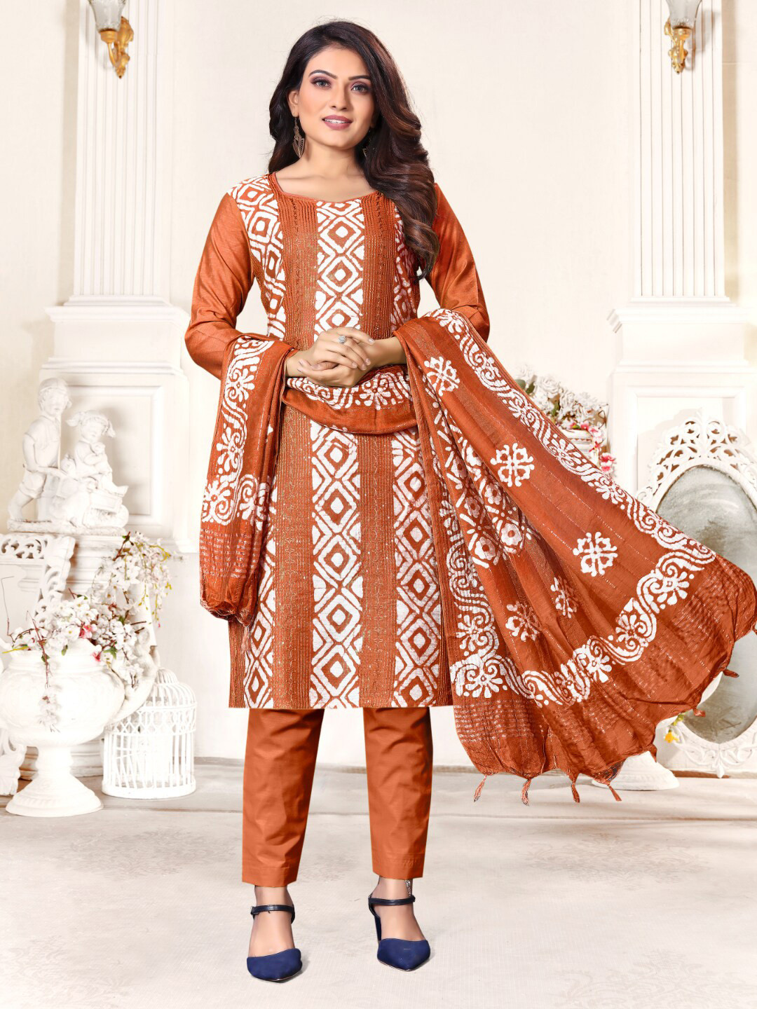 

Angroop Printed Unstitched Dress Material, Brown