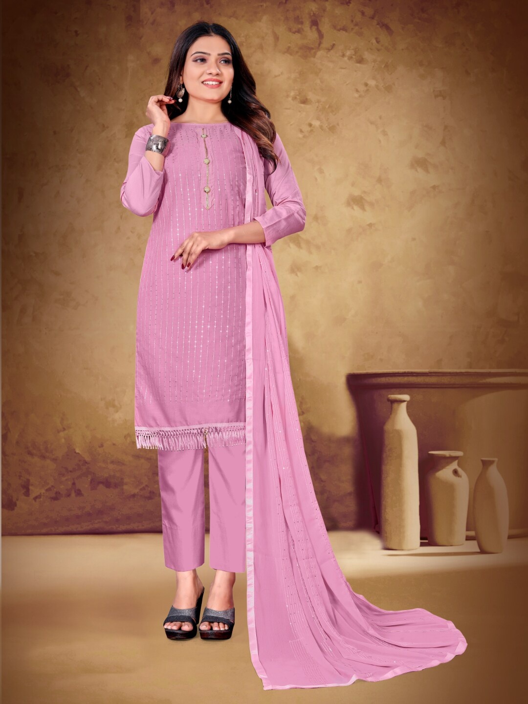 

Angroop Embellished Unstitched Dress Material, Pink