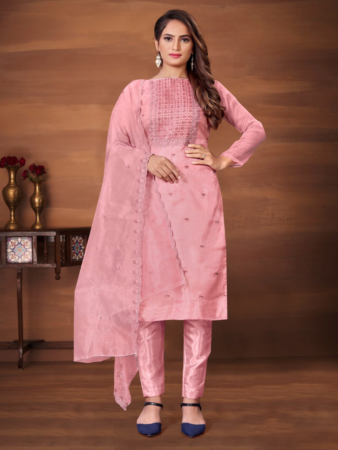 

Angroop Embroidered Organza Unstitched Dress Material, Pink