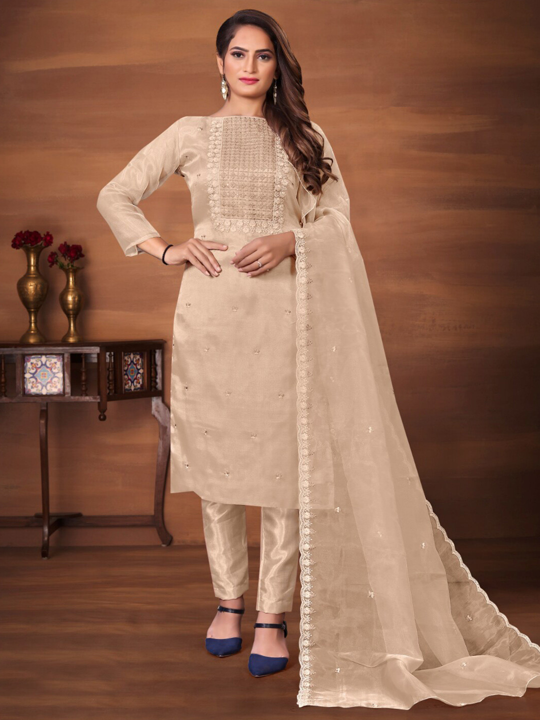 

Angroop Embroidered Organza Unstitched Dress Material, Cream