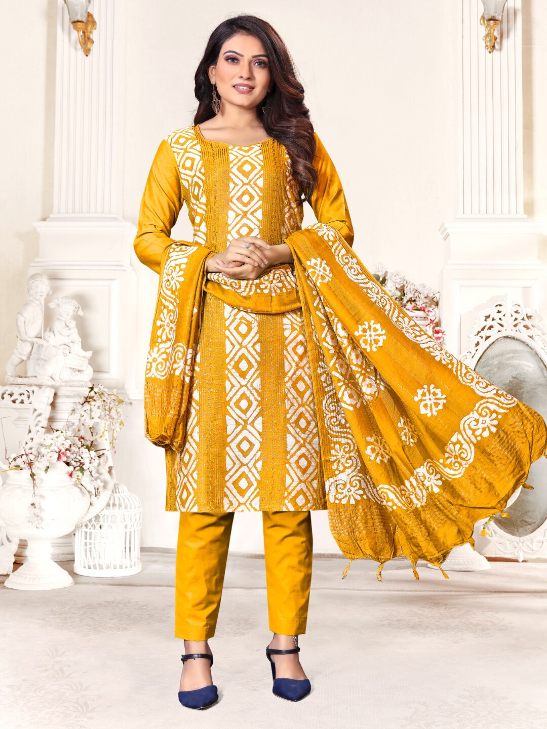 

Angroop Batik Printed Cotton Unstitched Dress Material, Mustard