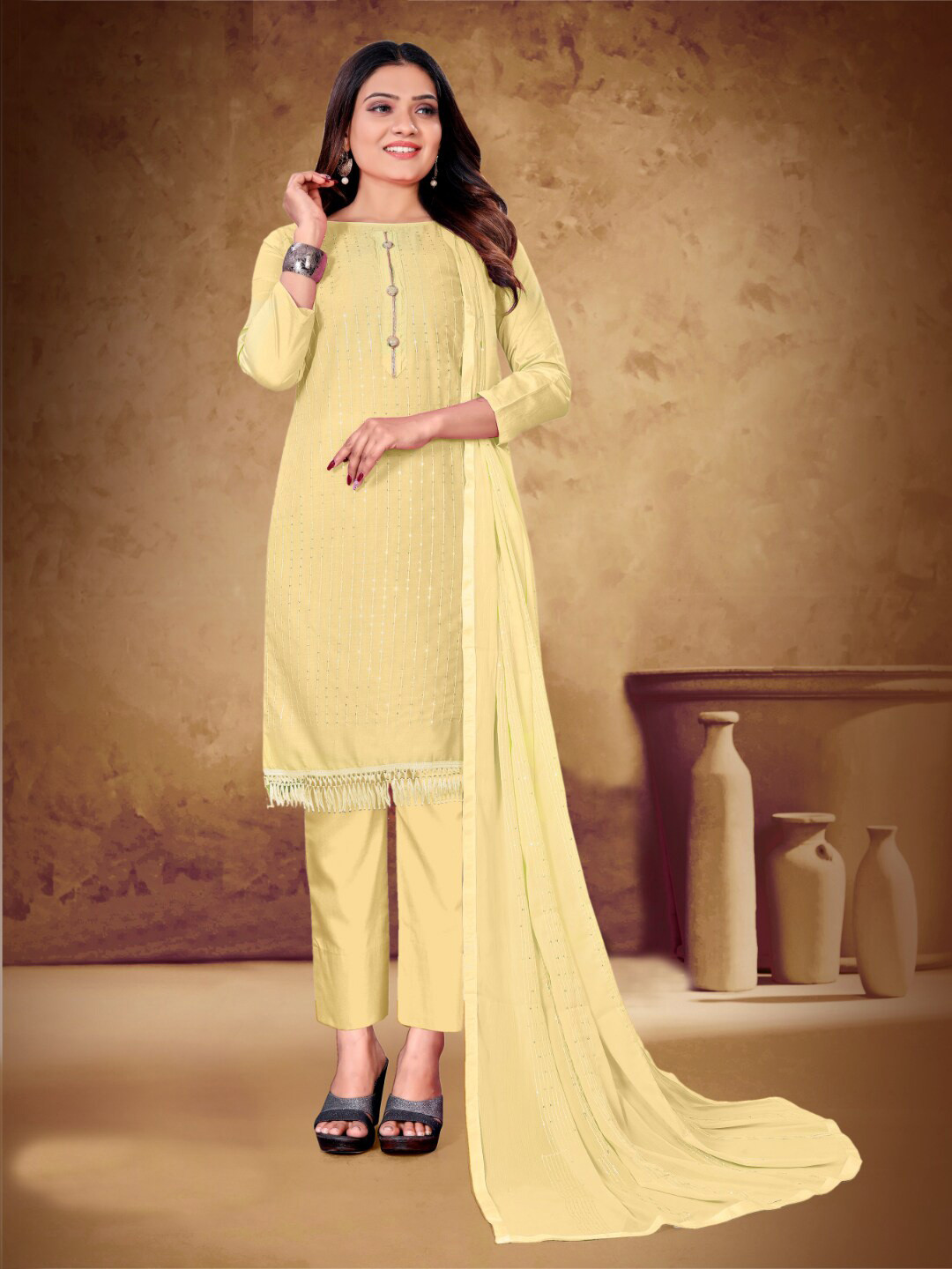 

Angroop Embellished Unstitched Dress Material, Yellow