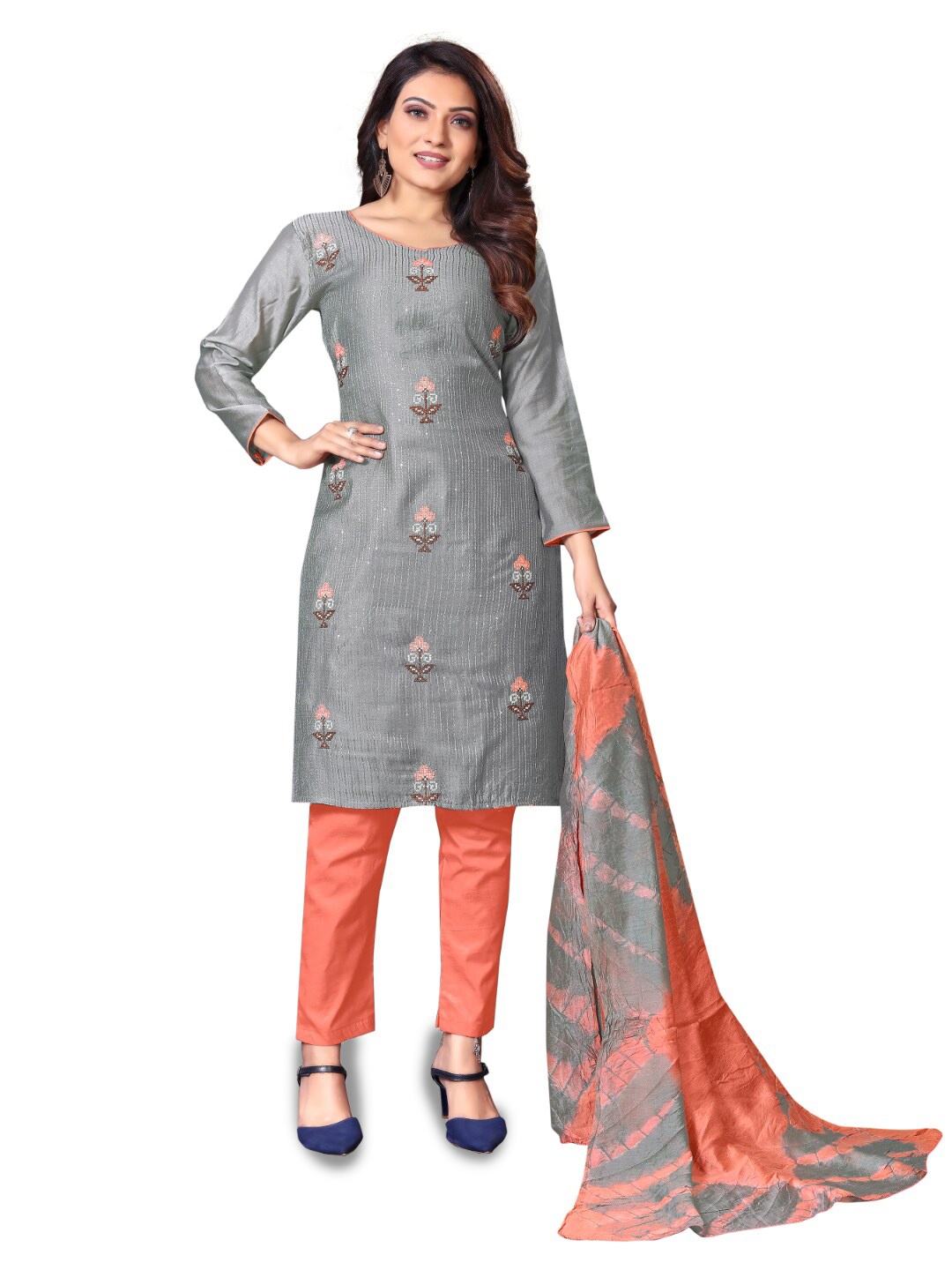 

Angroop Embroidered Sequinned Unstitched Dress Material, Grey