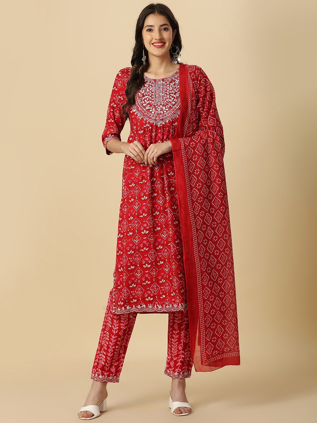

KALINI Floral Printed Mirror Work Kurta With Pyjamas & Dupatta, Red