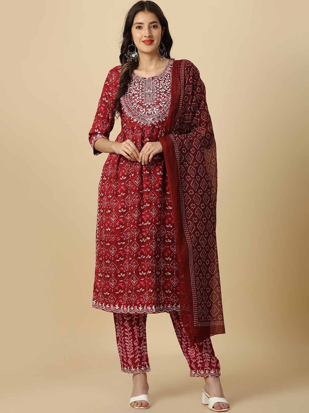 

KALINI Ethnic Motifs Printed Thread Work Kurta with Trousers & Dupatta, Maroon